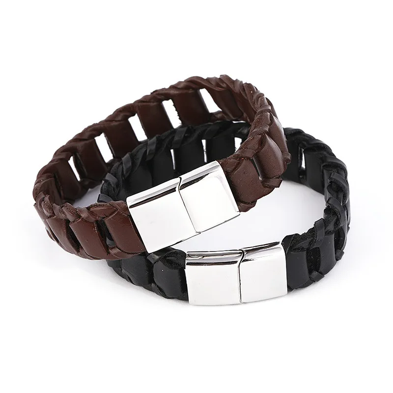 Punk Genuine Leather Braided Bracelet With Stainless Steel Magnetic Clasp For Men (Color : Black/Brown)