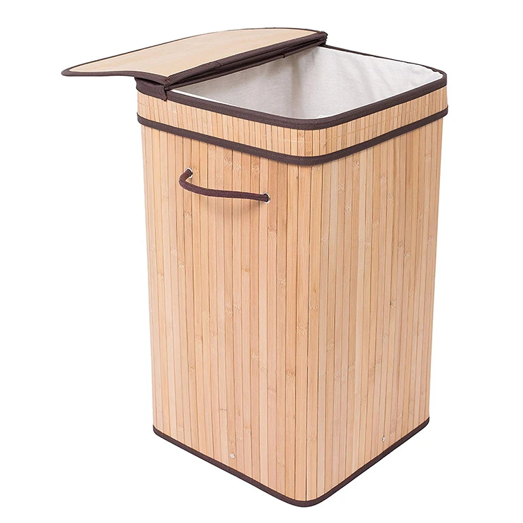 Square Bamboo Collapsible Laundry Basket With Lid