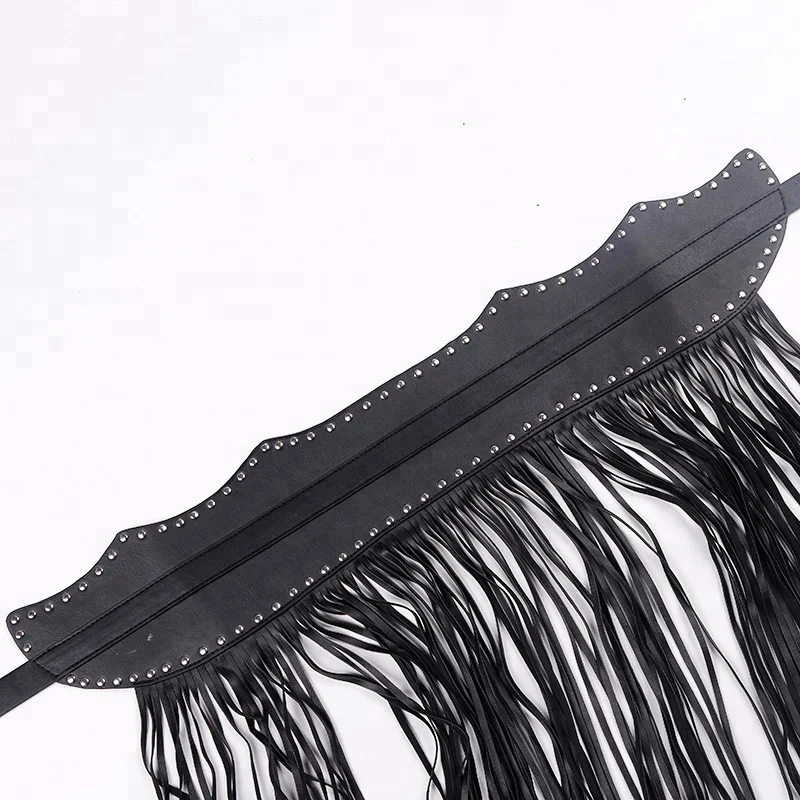 Sexy Woman leather tassel skirt 2018 ladies belt Nightclub  studs pu tassel dress skirt waist wide waist seal