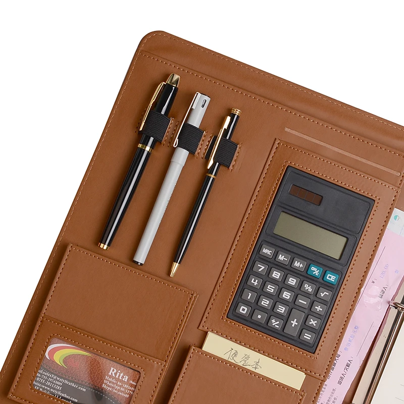 Leather cover 4 hole ring binders file folder a4 document holder with calculator