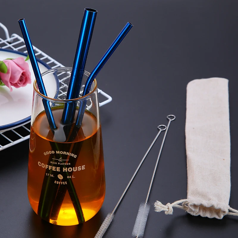 Colorful Gold Rose Gold Copper Reusable Stainless Steel Drinking Straws Set with Bag and Cleaning Brush