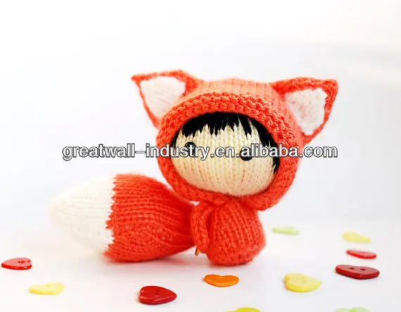 Orange Fox Doll with removable tail - pdf knitting pattern. Tanoshi series toy.