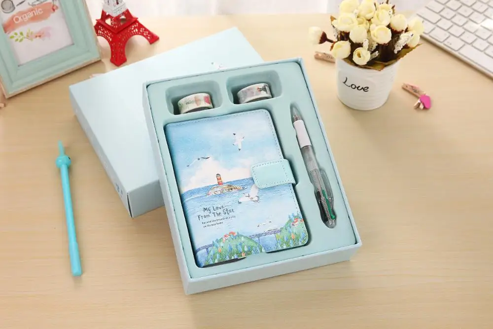 Wholesale Korea stationery gift set PU hardcover CMYK notebook + pen + washi tape