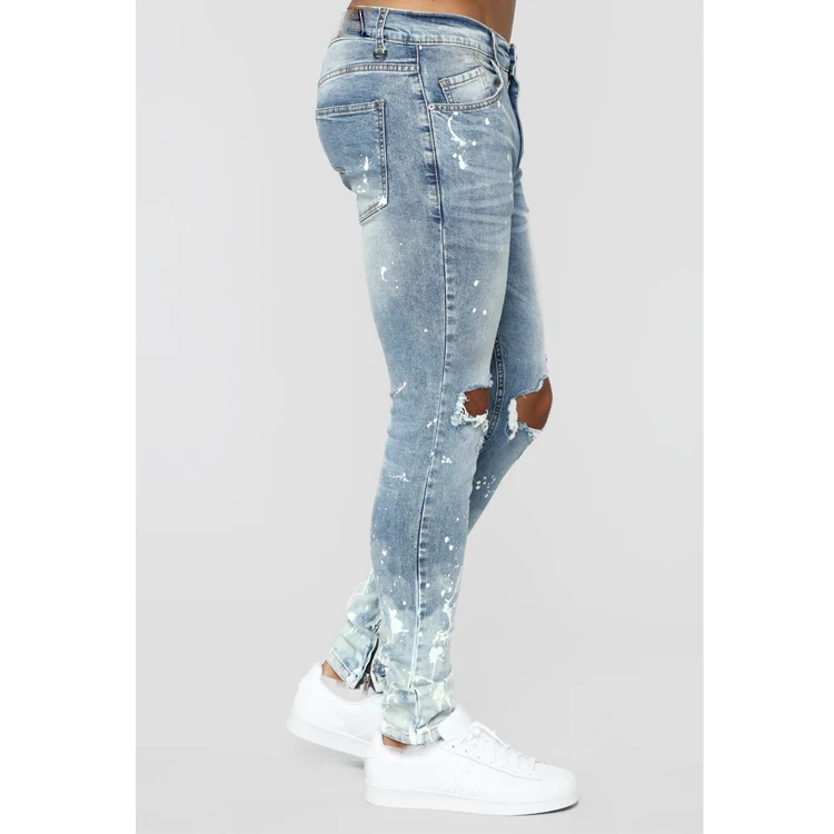 High quality slim fit spray paint denim jeans fashion washed distressed ripped zipper ankle men jeans
