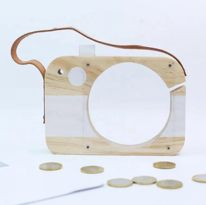 Wood Crafts Clear Camera Shape Piggy Bank Wooden Kids Room Decoration Money Saving Box