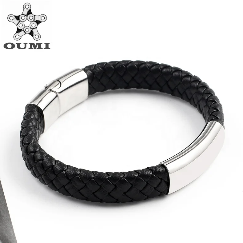 OUMI Classic Style  Braided Leather Bracelet Wristband With Stainless Steel Clasp For Womens&Mens