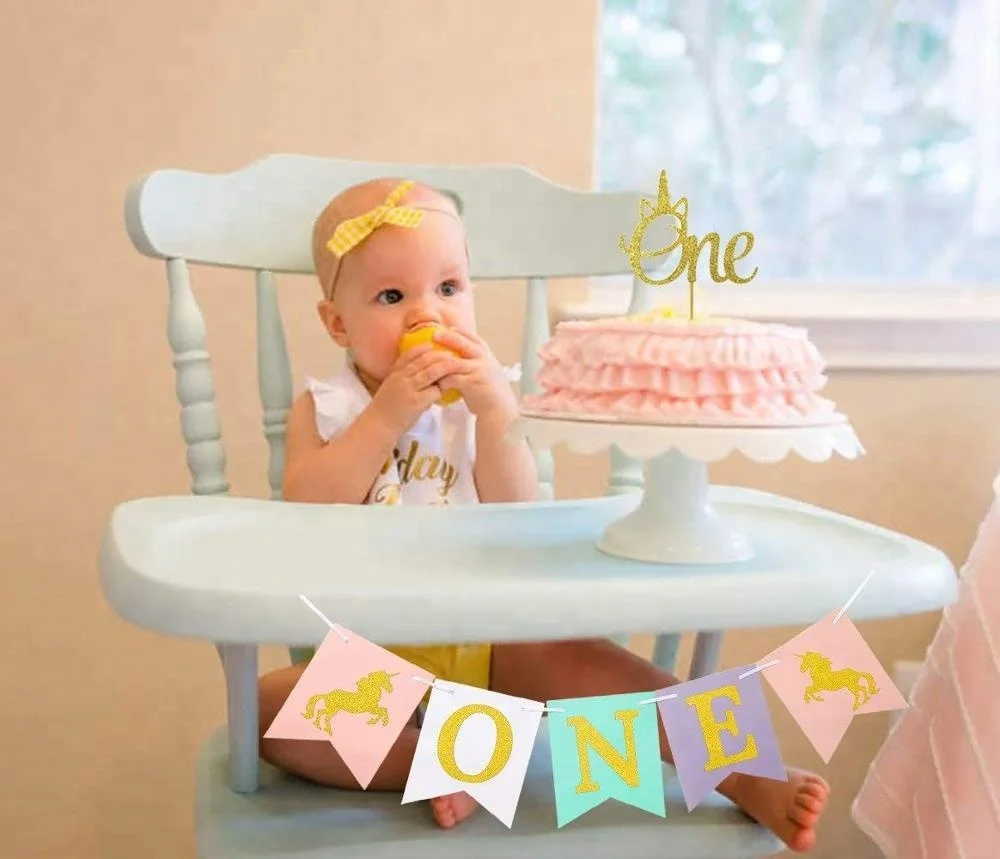 Unicorn Smash Cake Kit First Birthday One Banner Highchair Banner with Gold Glitter Unicorn One Cake Topper for Birthday
