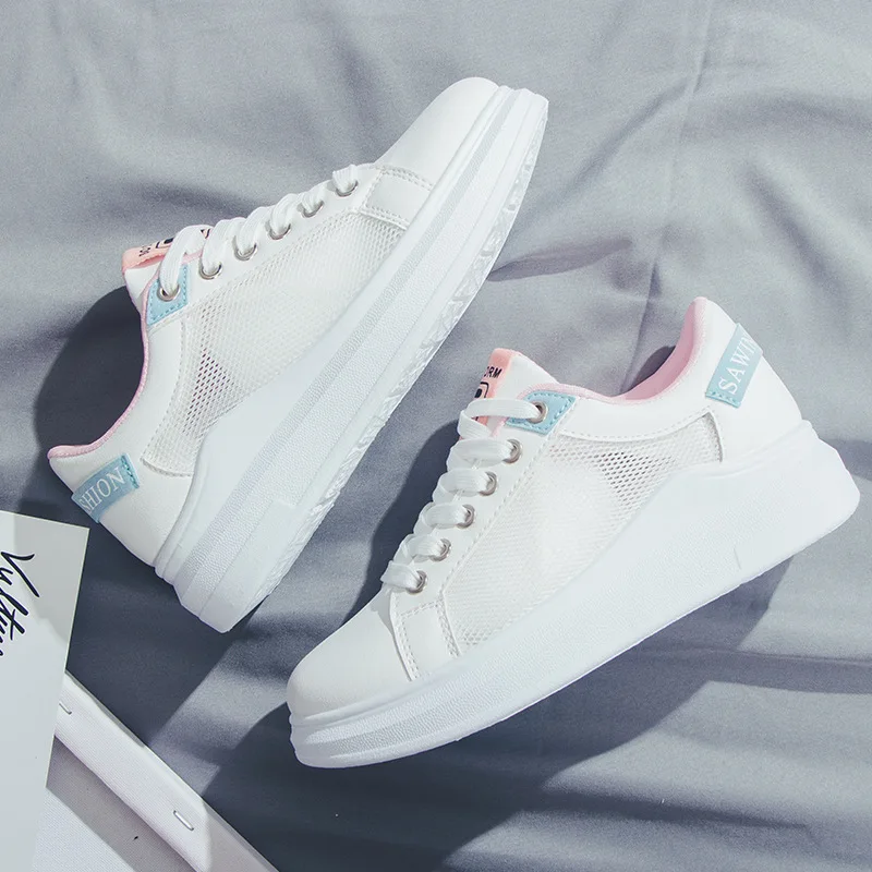 
Female Students PU Leather Candy Color Lace-Up Flat Breathable Sneakers 