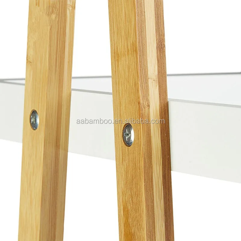 Wooden Bathroom 3 Tiers Ladder Shelf Standing Bamboo Storage Shelf with Mirror