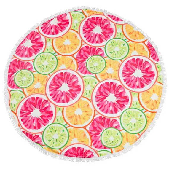 
2018 hot selling custom large 100% cotton or microfiber flamingo or mandala round beach towel with tassel fringe 