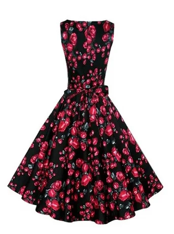 Hot sell Hepburn wind round sleeveless print belt dress retro foe elegant ladies B002