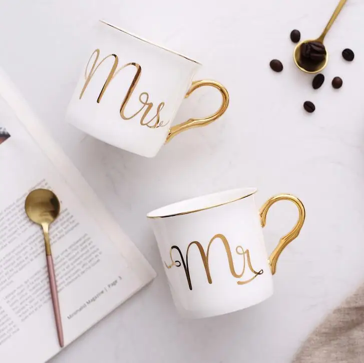 Milk Drinkware Creative Present Ceramic Cup and Mugs Couplr Gift Coffee Mugs with Golden Handle