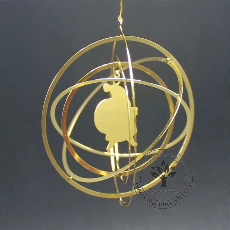 Holiday style gold plated round 3d die cut metal hanging ornament