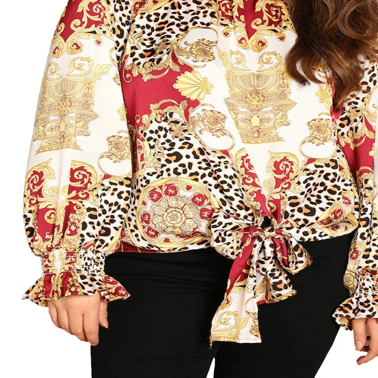 
2019 Fashion Apparel Plus Size Shirred Panel Chain Print Ruffle Cuff Blouse 
