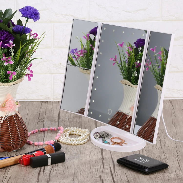 2021 trending product hot sale trifold touch screen 2/3/10X magnifying 22 lights customized packaging vanity mirror for gift