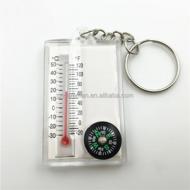 Transparent Keychain Compass with Thermometer, Key Ring Thermometer Compass OEM Orders Accepted
