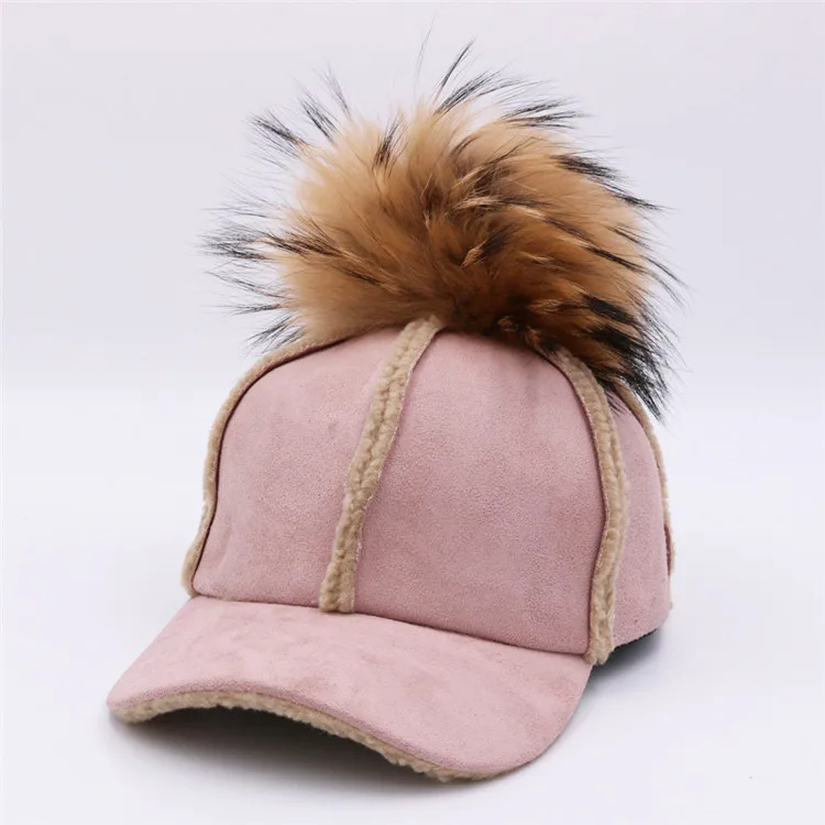 Factory Hot Sell Women Fluffy Fur Pompom Baseball Caps Ball Suede Wool Adjustable Cap