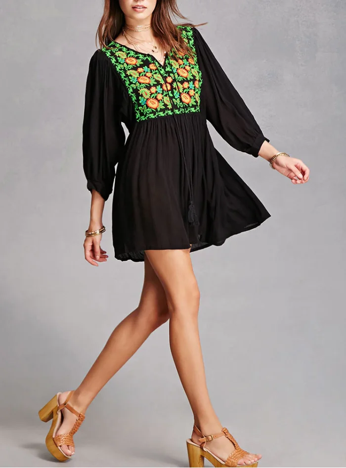 High quality fashion women wear embroidery long black tunic blouse