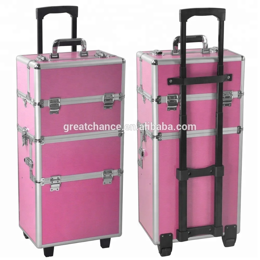Pink 3 in 1 Pro Aluminum Rolling Makeup Case Salon Cosmetic Organizer Trolley