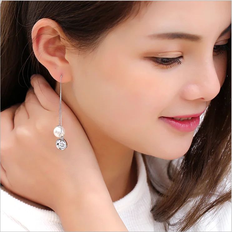 Fashion Tiny Box Chain Put Through Earrings Pearl and CZ Charm Dangling Earrings