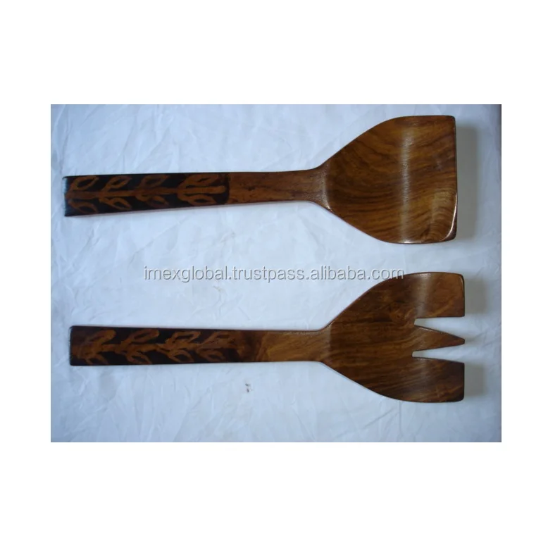 Деревянный салат сервер естественные отделки столовые приборы