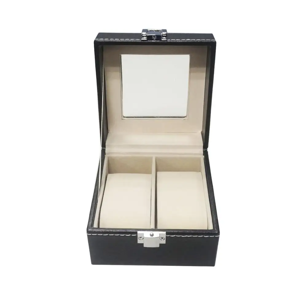 
High quality custom made black PU leather wooden watch case 2 slots watch packaging display box 