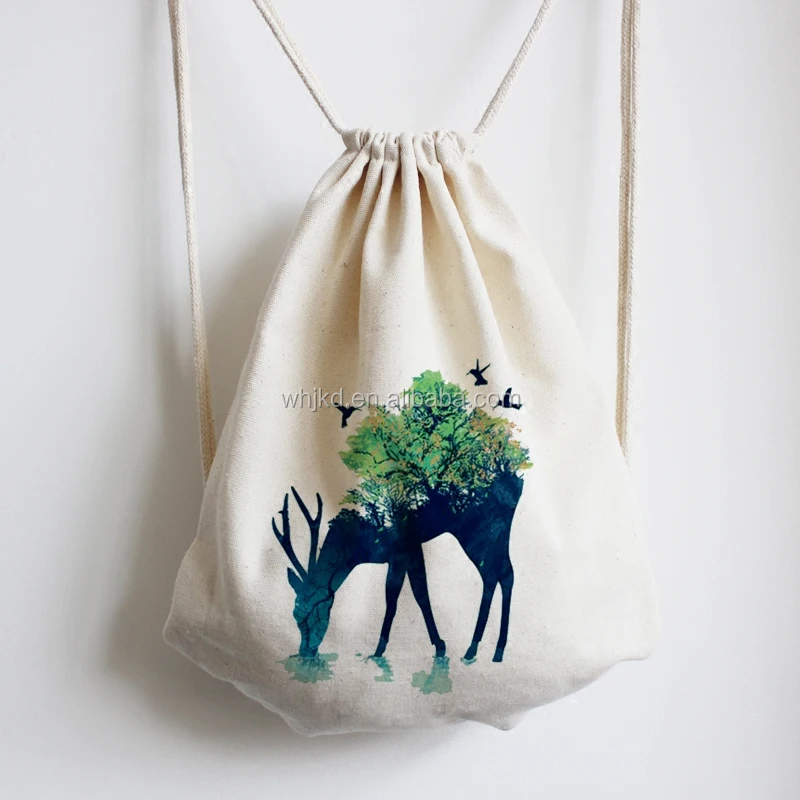 Burlap drawstring backpack bag travel black cotton canvas draw string sack bag for sports