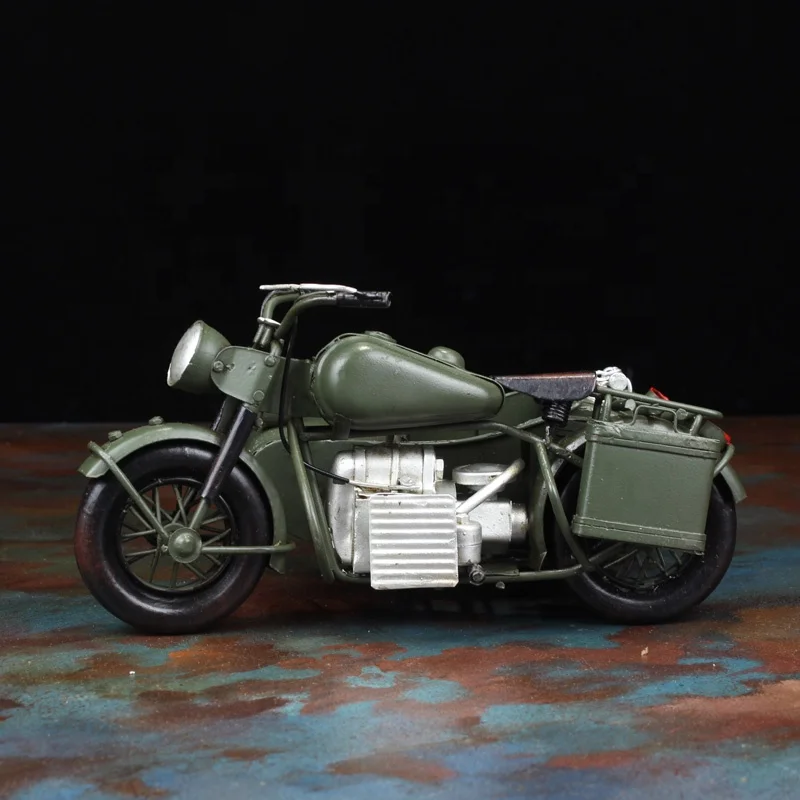 Durable Newest Design Sidecar Iron Green Motor  Antique Tricycle Motorcycle Model 1:8 Scale Vintage Home Decor