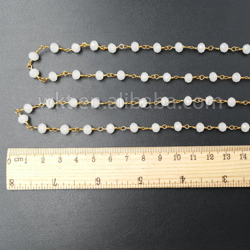 WT-RBC029 New!!! Natural Faceted White Jade Beads With 24k Real Gold Plated Rosary Chain,6mm jade Link Chain For Jewelry Making