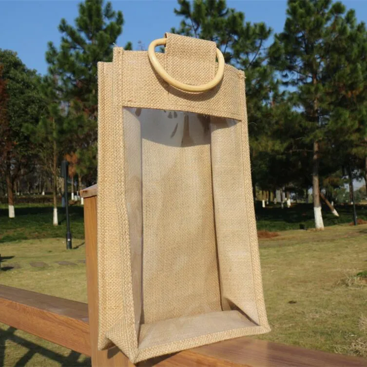 Linen bag custom portable linen wine bag custom transparent PVC window yellow linen bag