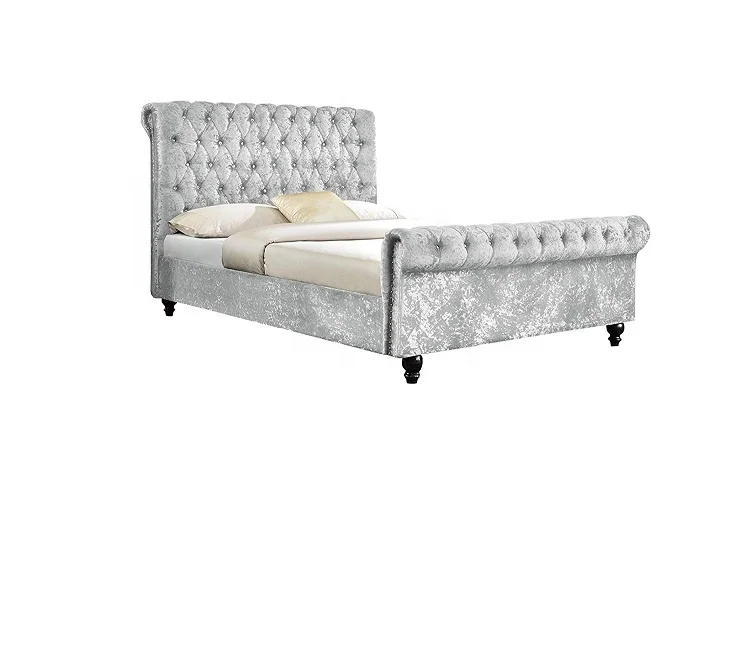 Classy Modern Bed Frame Sleigh Style Fully Upholstered Designer bed in Crushed Velvet or Chenille Fabric