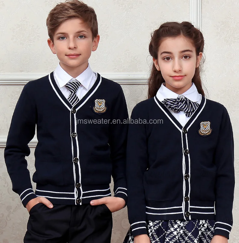 Custom make International school stripe trim cardigan sweater Noble temperament latest design school uniform sweater design