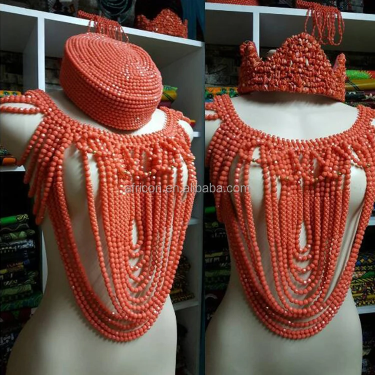 Queency Fancy Orange Coral Beads Crown Dubai Necklace Jewelry Beads Indian Bridal Orange Jewellery Set Wholesale