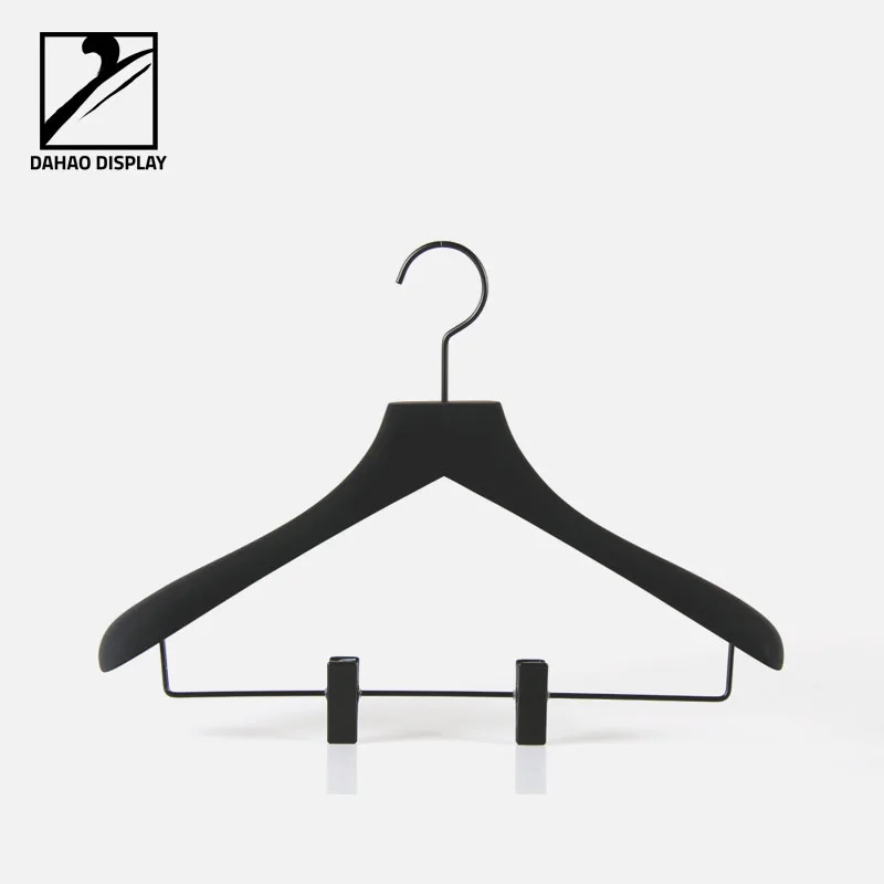 
black wooden clothes hanger with rubber coating 