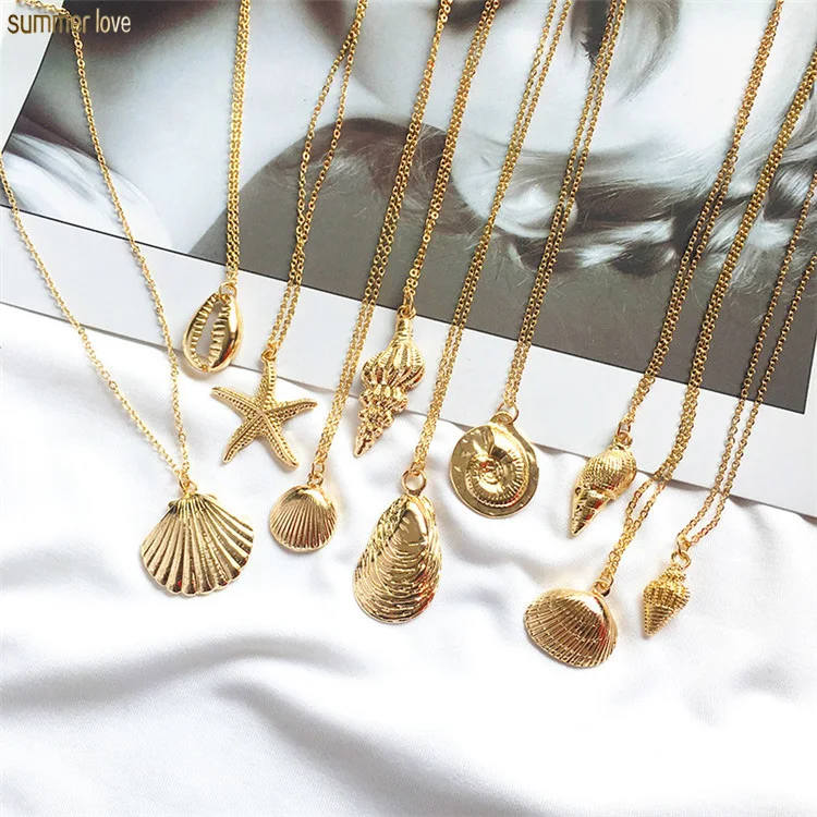 Women Fashion Gold Cowrie Collar Seashell Starfish Conch Pendant Long Chain Necklace Jewelry