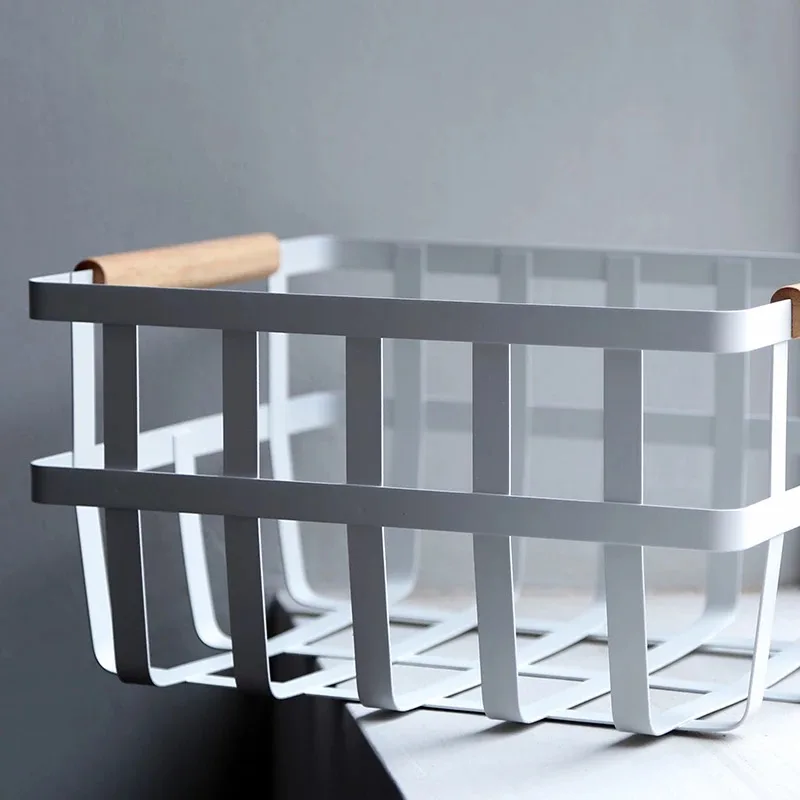 New Product Rectangular steel Metal Iron Basket Storage Basket with wooden handle