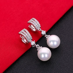 Zircon Pearl Earrings 925 Sterling Silver/Brass Plated Piercing Dangle Clip-on Earrings For Women Girls Gift