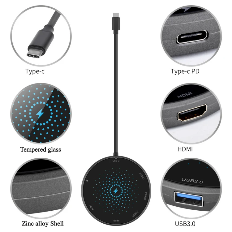IKATAK New 8 in 1 Multi Type C Dock 4K HD USB3.0 PD Charging USB C Wireless Charger Hub