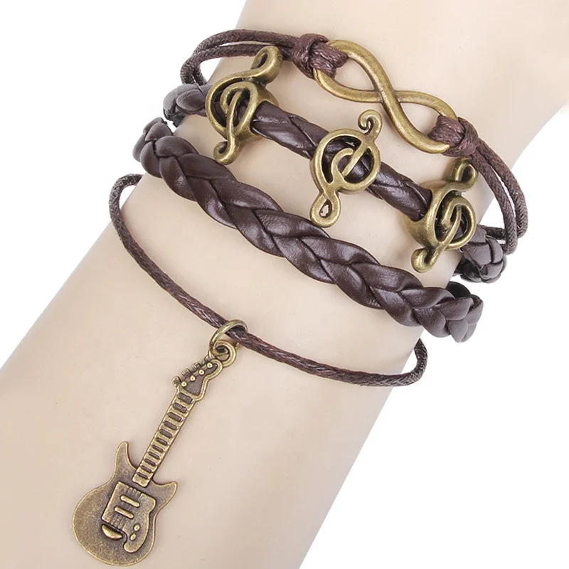Musical Note Symbol Guitar Charms Leather Ropes Braided Multilayers Bracelets for men women
