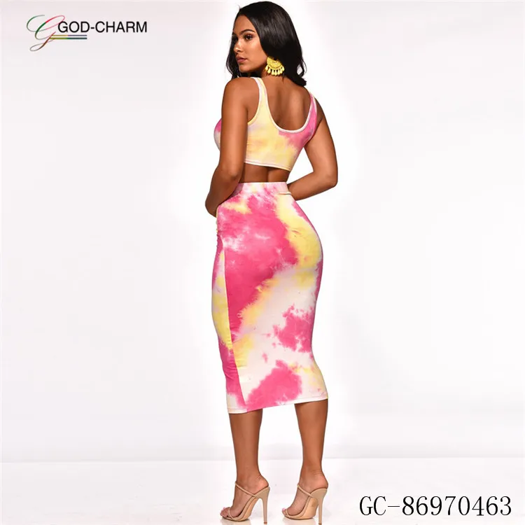 *GC-86970463 2022 new Wholesale Sexy Pink Print Bandhnu Sleeveless  2 Pieces Plus Size Casual Ladies Clothing Women Dress Suit