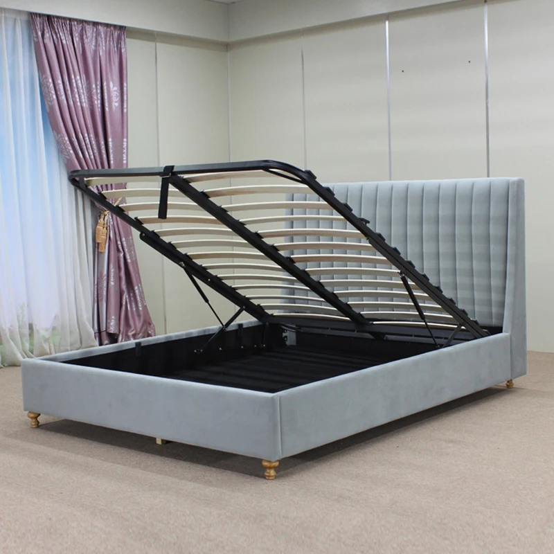 hydraulic gas lift bed solid wood storage upholstered fabric bed