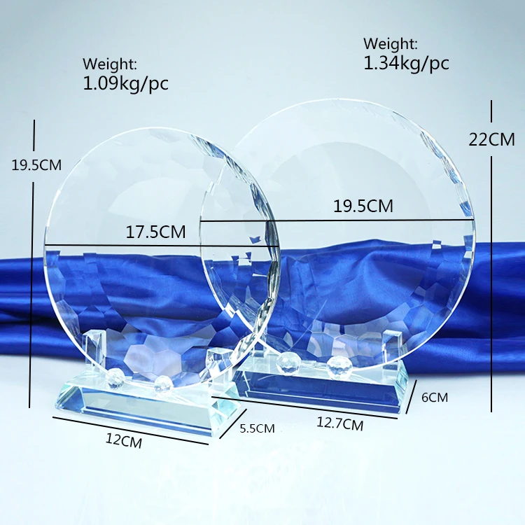 Round crystal trophy in plate shape for Sandblasting