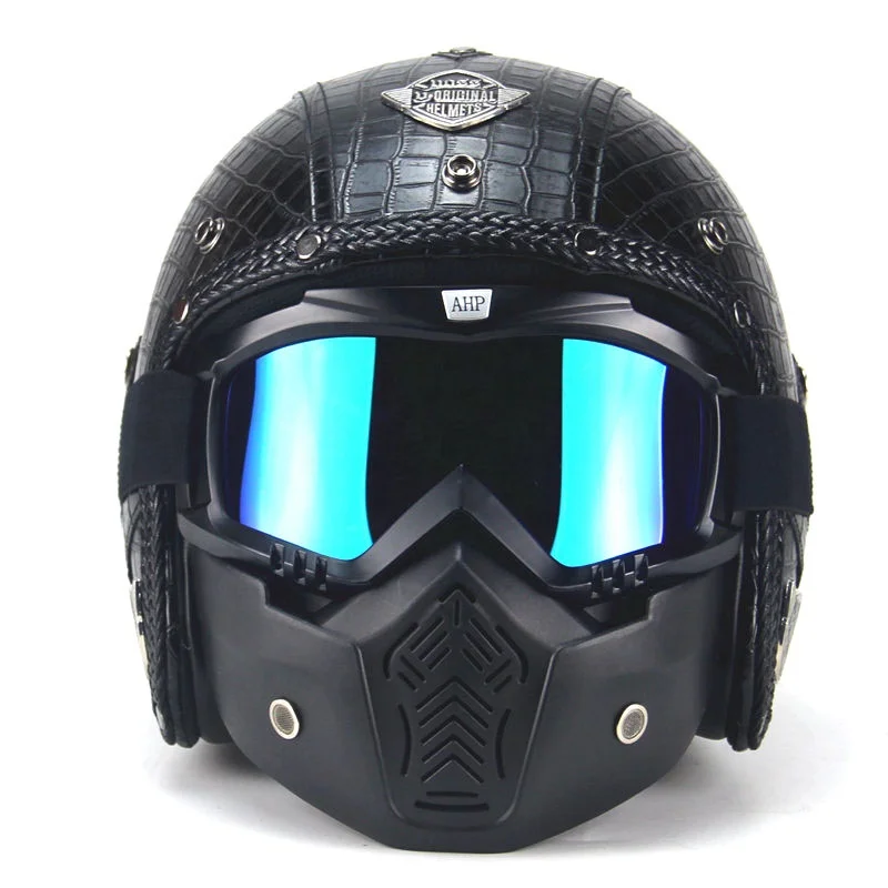 Мотоциклетный шлем из искусственной кожи с защитными очками для мотоцикла в стиле ретро