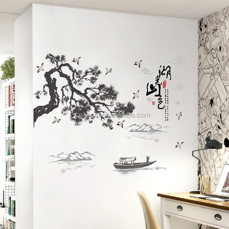 Chinese calligraphy and painting living room TV background wall stickers sofa door home decorative wall paper
