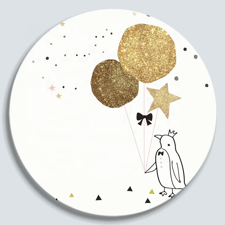 
Cute Little Bird Round Canvas Painting with Foil Screen Printed Gold Art for Kids and House Decoration 