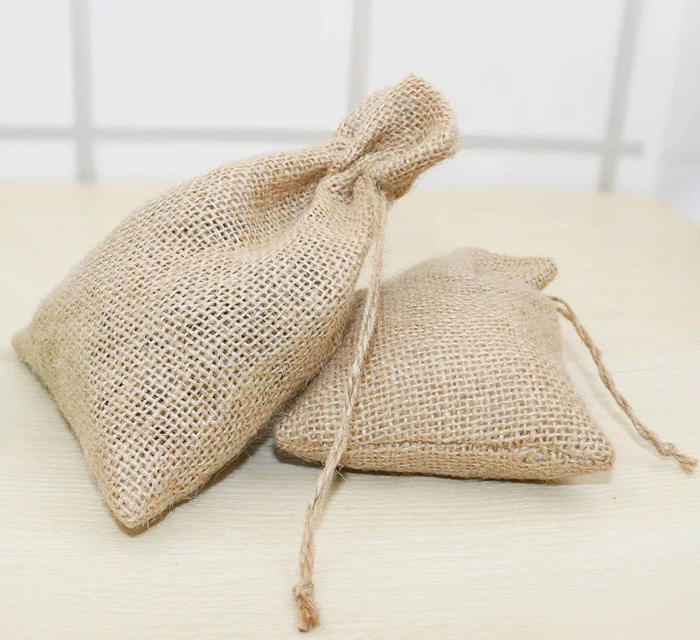Natural Burlap Jute Gift Bag Drawstring Pouch Wedding Party Jewelry Candy Bags Home Gift Box Storage Bag Vintage