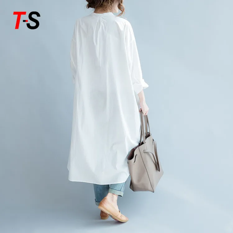 New leisure Simple Solid color round neck long shirt dress cotton fabric