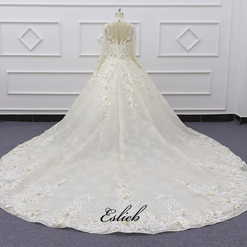 Eslieb SJ196 real photo high neckline champagne heavy beaded  lace pearl lace embroidered muslim  wedding dress
