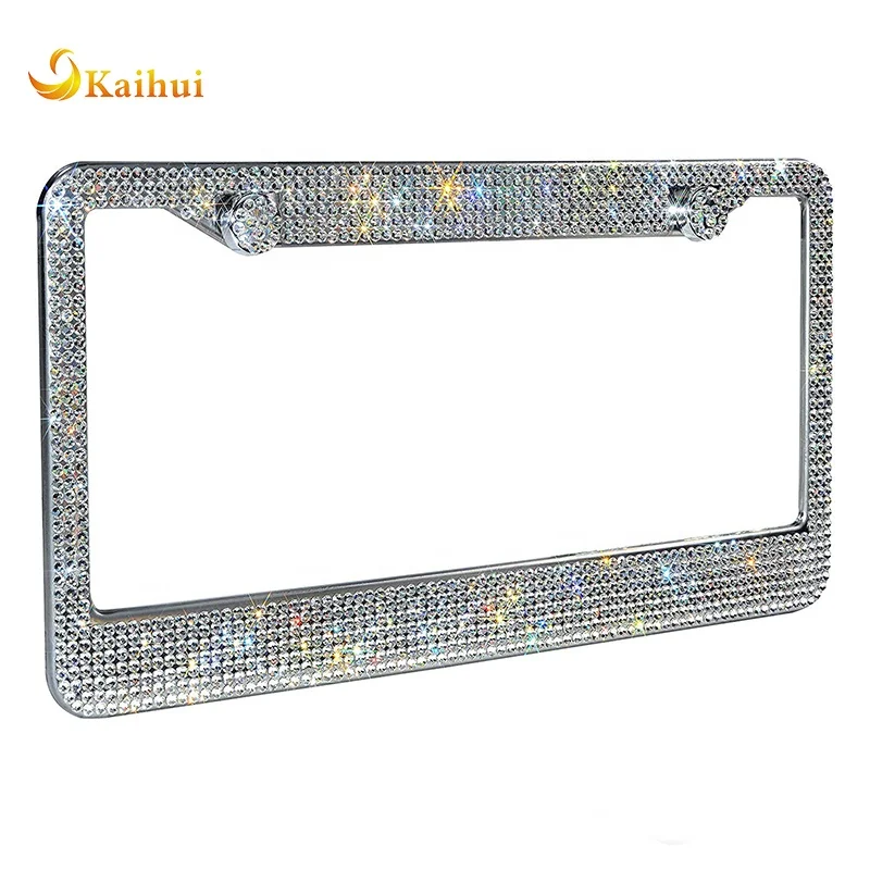 2 Pack Luxury Handcrafted Bling White Rhinestone Premium Stainless Steel License Plate Frame with GiftBox