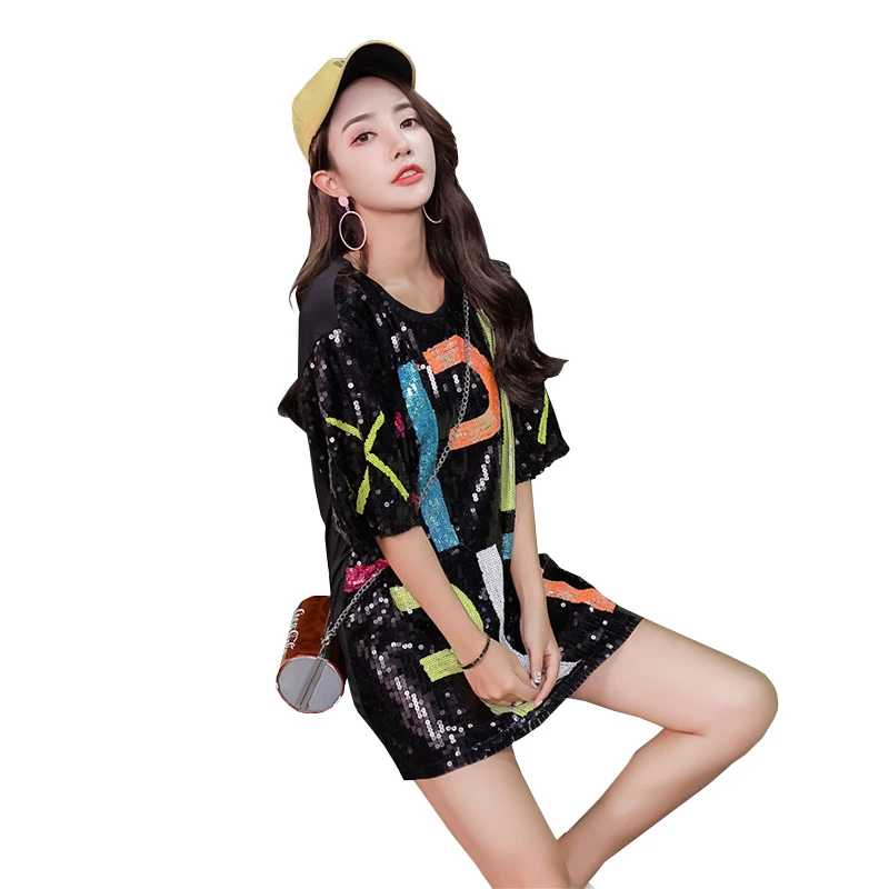
Women Hip Hop Costumes Clothing performance Sequin Top Shiny Custom T Shirts Dress 